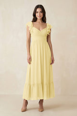 Flutter Sleeve Sweetheart A - Line Chiffon Bridesmaid Dress in Pastel Yellow - KissProm Bridesmaid Dresses