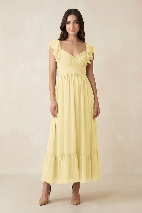 Flutter Sleeve Sweetheart A - Line Chiffon Bridesmaid Dress in Pastel Yellow - KissProm Bridesmaid Dresses