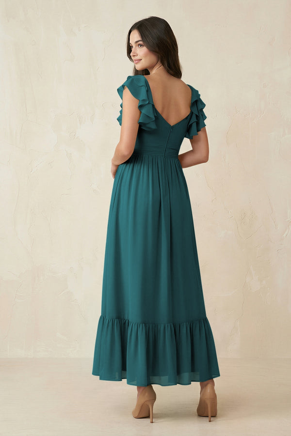 Flutter Sleeve Sweetheart A - Line Chiffon Bridesmaid Dress in Pine - KissProm Bridesmaid Dresses