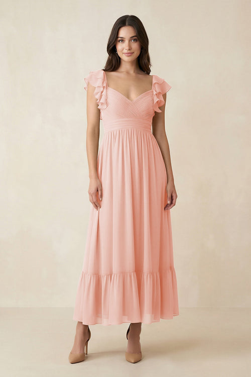 Flutter Sleeve Sweetheart A - Line Chiffon Bridesmaid Dress in Rose Petal - KissProm Bridesmaid Dresses