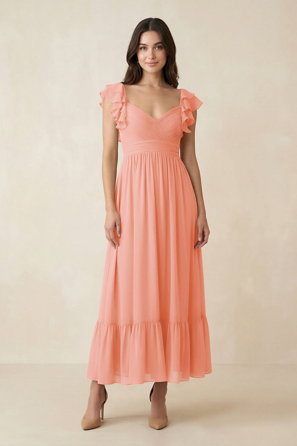 Flutter Sleeve Sweetheart A - Line Chiffon Bridesmaid Dress in Rosette - KissProm Bridesmaid Dresses