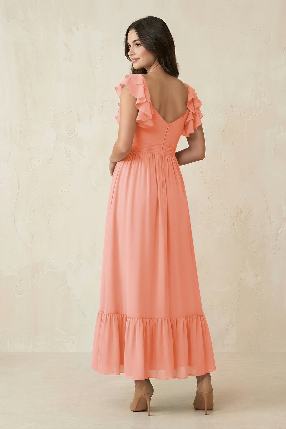 Flutter Sleeve Sweetheart A - Line Chiffon Bridesmaid Dress in Rosette - KissProm Bridesmaid Dresses
