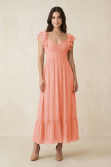 Flutter Sleeve Sweetheart A - Line Chiffon Bridesmaid Dress in Rosette - KissProm Bridesmaid Dresses