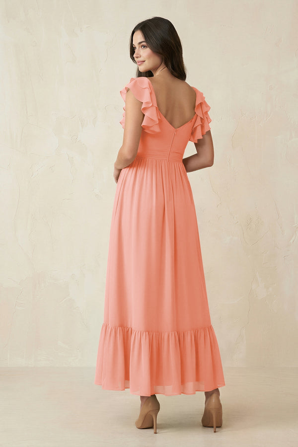 Flutter Sleeve Sweetheart A - Line Chiffon Bridesmaid Dress in Rosette - KissProm Bridesmaid Dresses