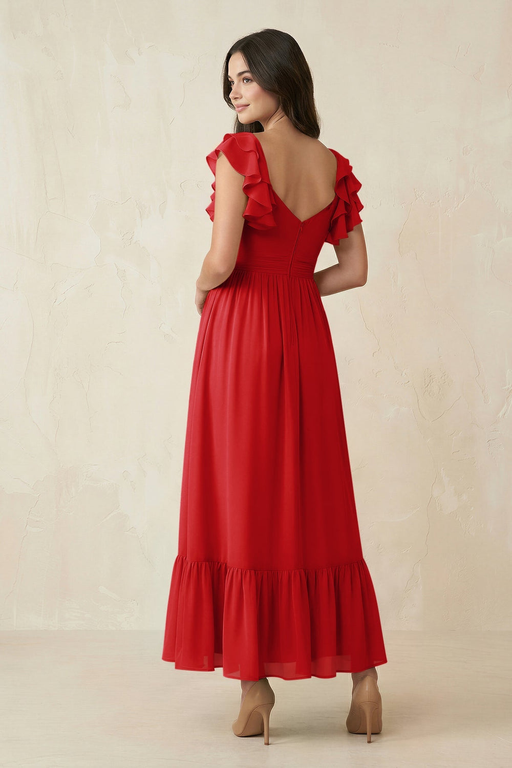 Flutter Sleeve Sweetheart A - Line Chiffon Bridesmaid Dress in Ruby Red - KissProm Bridesmaid Dresses