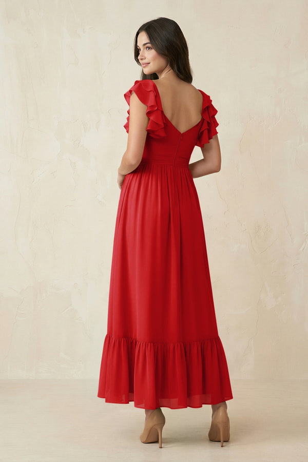 Flutter Sleeve Sweetheart A - Line Chiffon Bridesmaid Dress in Ruby Red - KissProm Bridesmaid Dresses