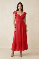 Flutter Sleeve Sweetheart A - Line Chiffon Bridesmaid Dress in Ruby Red - KissProm Bridesmaid Dresses
