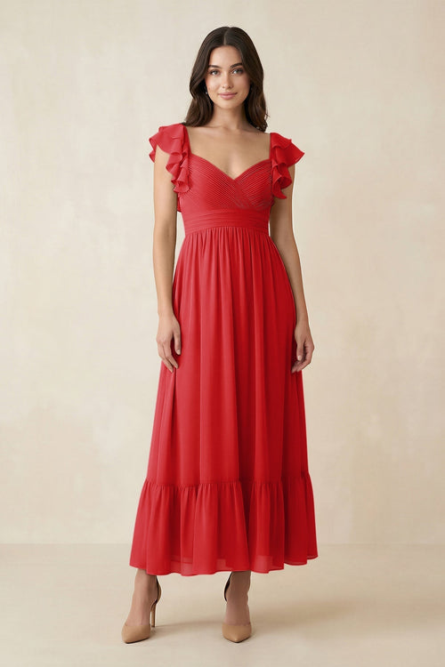 Flutter Sleeve Sweetheart A - Line Chiffon Bridesmaid Dress in Ruby Red - KissProm Bridesmaid Dresses