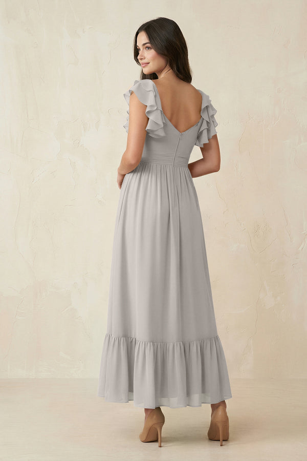 Flutter Sleeve Sweetheart A - Line Chiffon Bridesmaid Dress in Silver - KissProm Bridesmaid Dresses