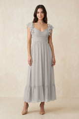 Flutter Sleeve Sweetheart A - Line Chiffon Bridesmaid Dress in Silver - KissProm Bridesmaid Dresses
