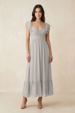 Flutter Sleeve Sweetheart A - Line Chiffon Bridesmaid Dress in Silver - KissProm Bridesmaid Dresses