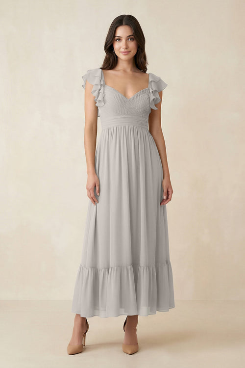 Flutter Sleeve Sweetheart A - Line Chiffon Bridesmaid Dress in Silver - KissProm Bridesmaid Dresses