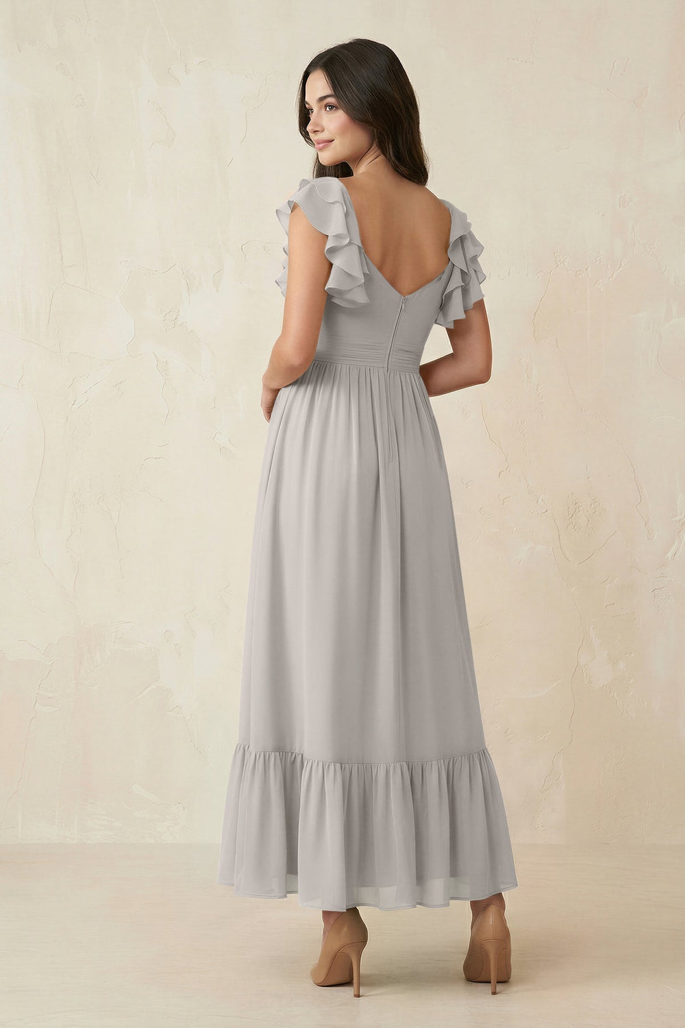 Flutter Sleeve Sweetheart A - Line Chiffon Bridesmaid Dress in Silver - KissProm Bridesmaid Dresses