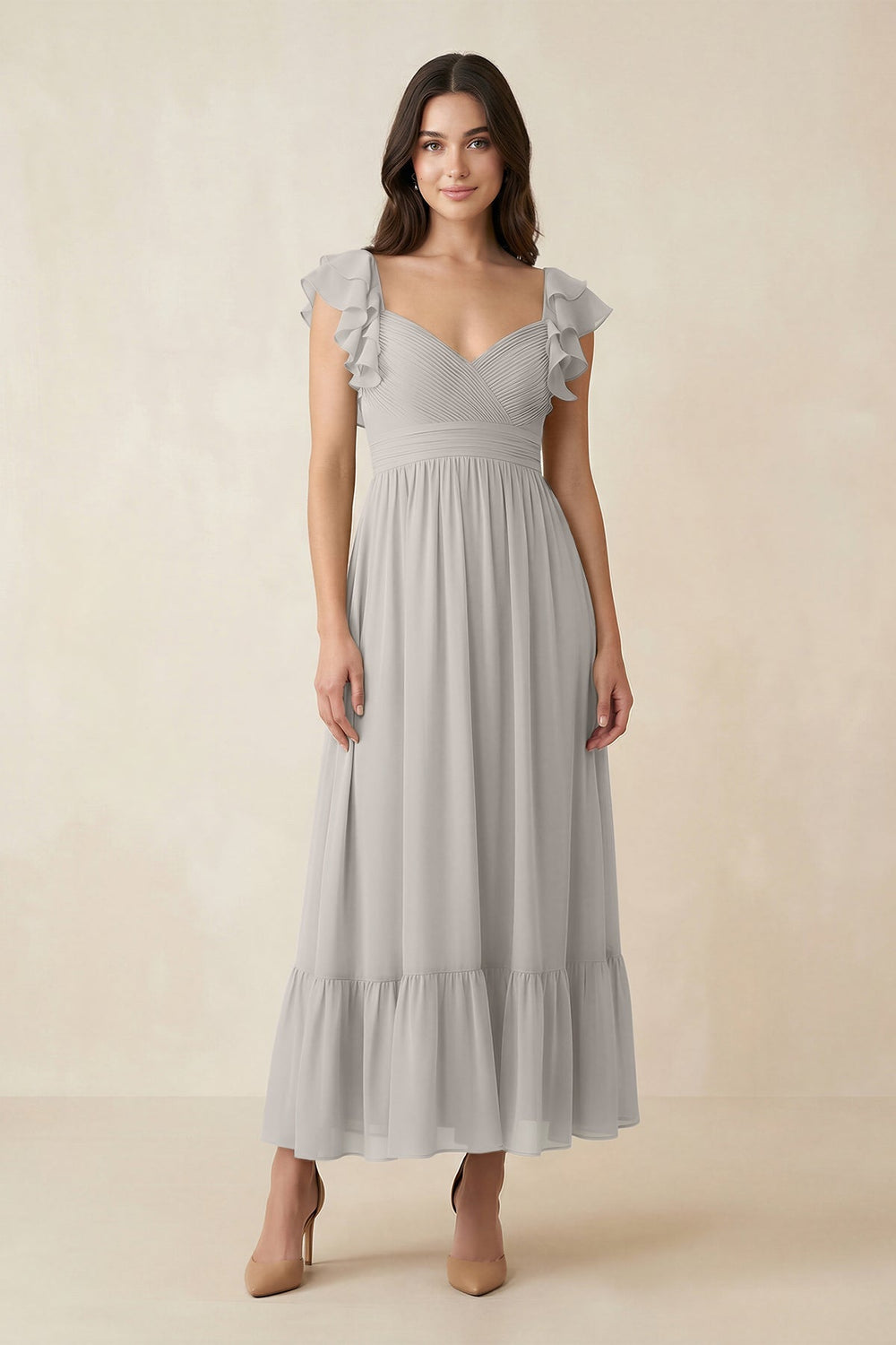 Flutter Sleeve Sweetheart A - Line Chiffon Bridesmaid Dress in Silver - KissProm Bridesmaid Dresses