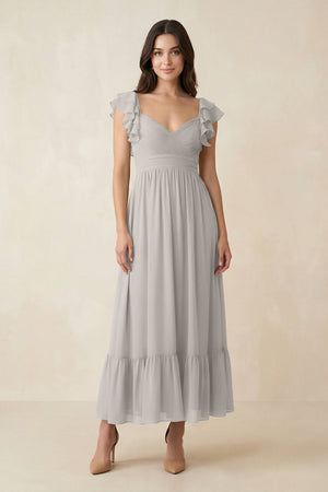 Flutter Sleeve Sweetheart A - Line Chiffon Bridesmaid Dress in Silver - KissProm Bridesmaid Dresses