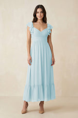 Flutter Sleeve Sweetheart A - Line Chiffon Bridesmaid Dress in Sky Blue - KissProm Bridesmaid Dresses