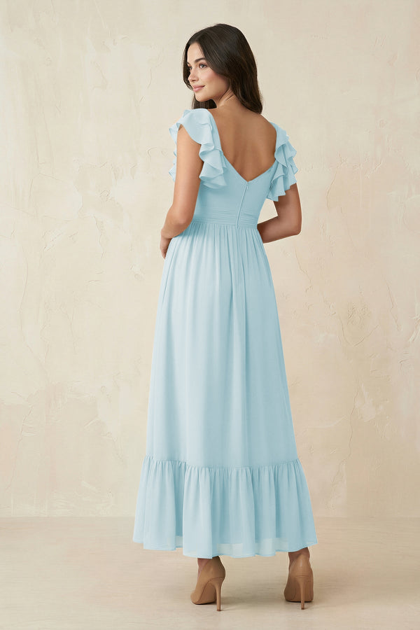 Flutter Sleeve Sweetheart A - Line Chiffon Bridesmaid Dress in Sky Blue - KissProm Bridesmaid Dresses