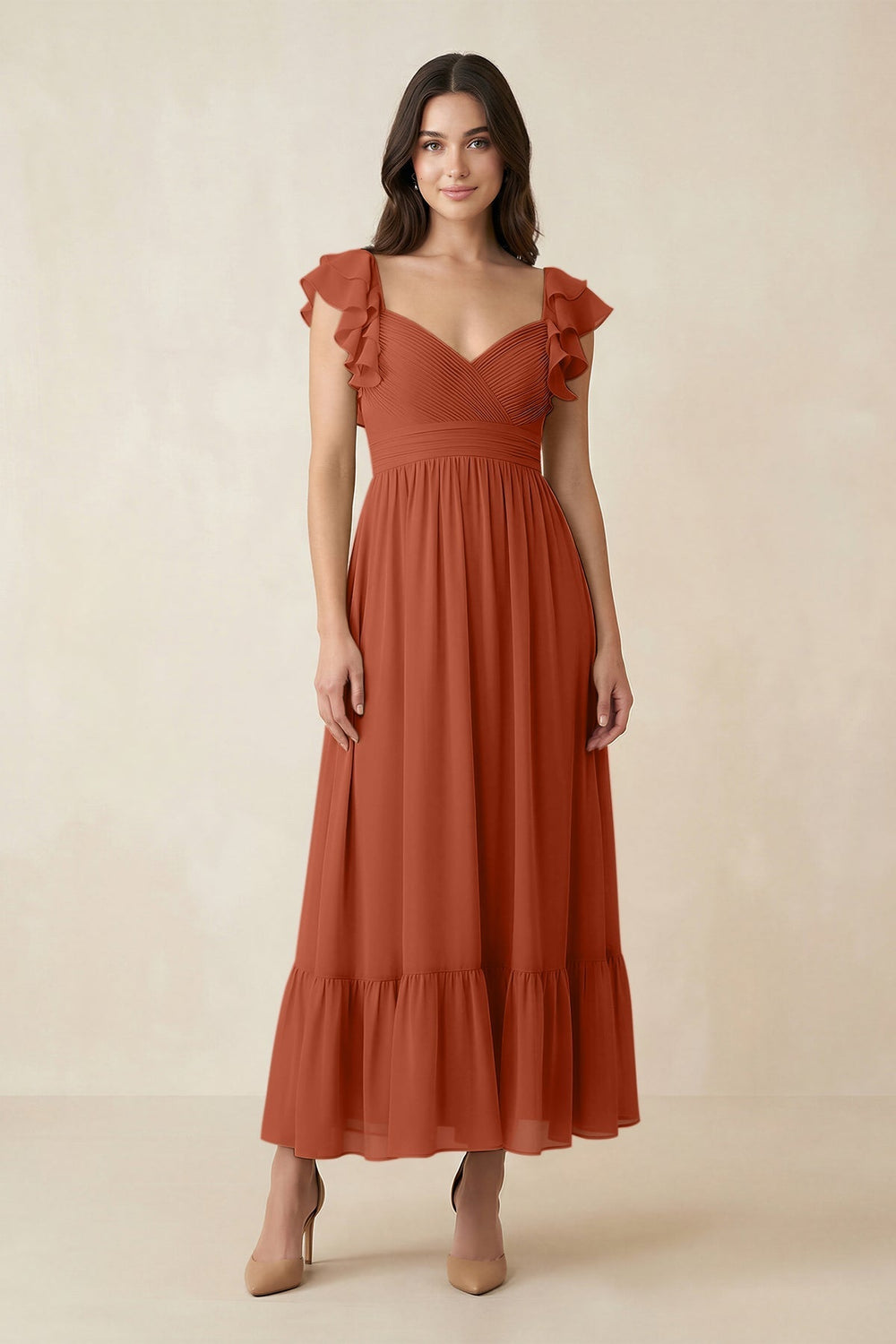 Flutter Sleeve Sweetheart A - Line Chiffon Bridesmaid Dress in Spice - KissProm Bridesmaid Dresses