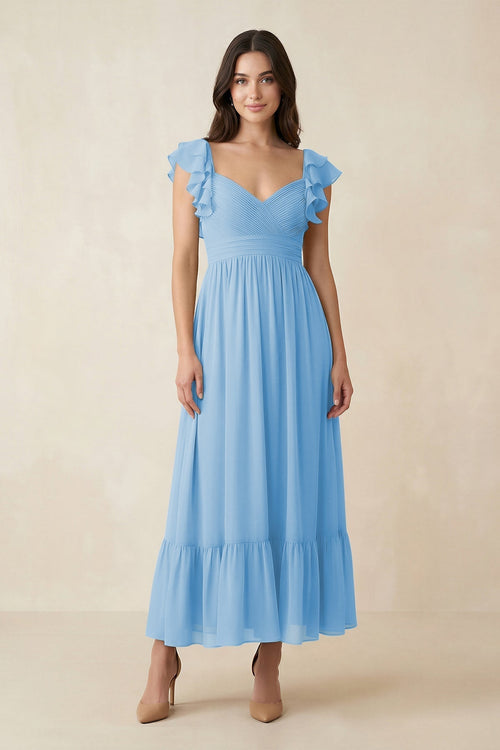 Flutter Sleeve Sweetheart A - Line Chiffon Bridesmaid Dress in Steel Blue - KissProm Bridesmaid Dresses