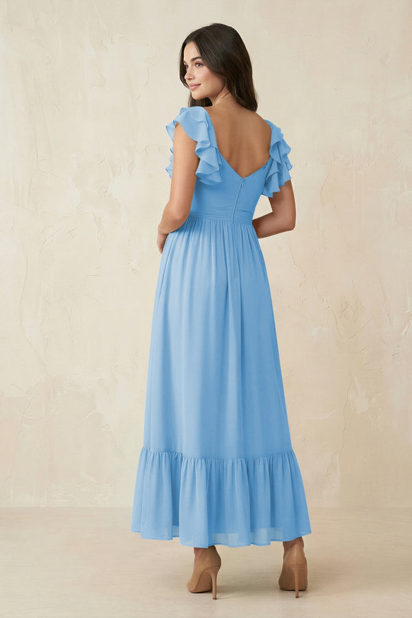 Flutter Sleeve Sweetheart A - Line Chiffon Bridesmaid Dress in Steel Blue - KissProm Bridesmaid Dresses