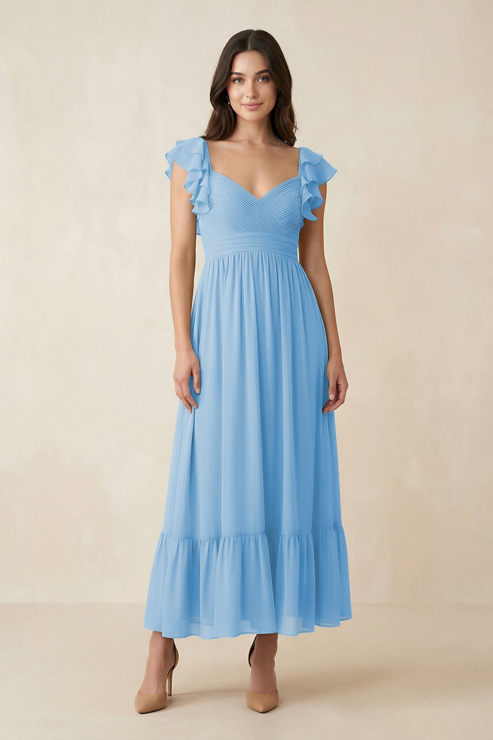 Flutter Sleeve Sweetheart A - Line Chiffon Bridesmaid Dress in Steel Blue - KissProm Bridesmaid Dresses