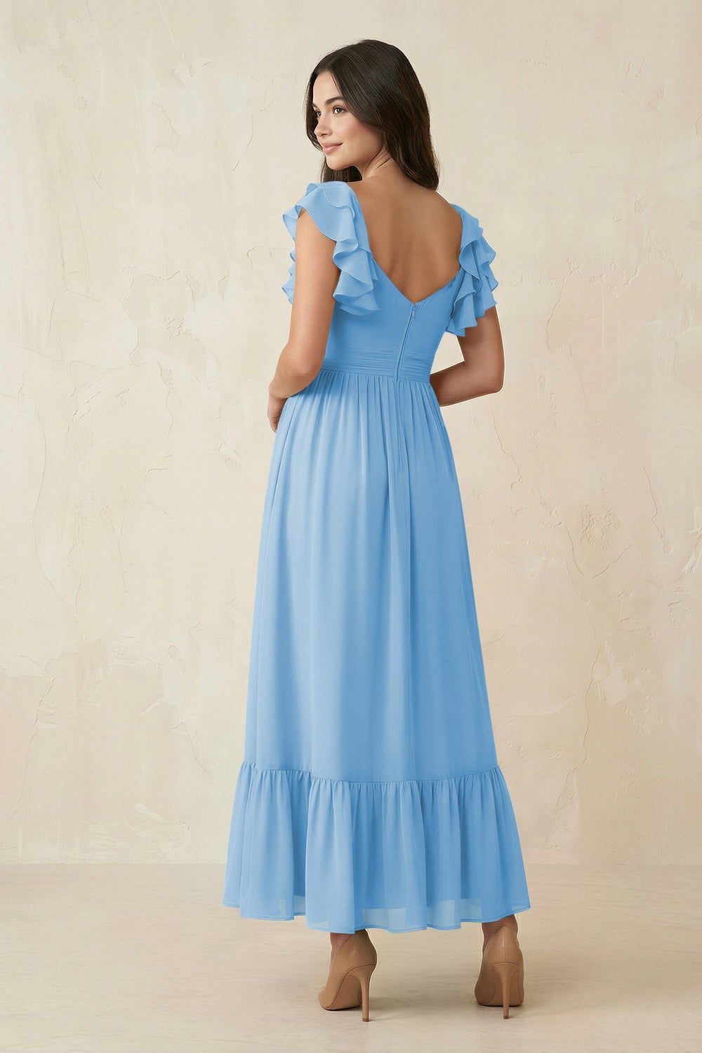 Flutter Sleeve Sweetheart A - Line Chiffon Bridesmaid Dress in Steel Blue - KissProm Bridesmaid Dresses