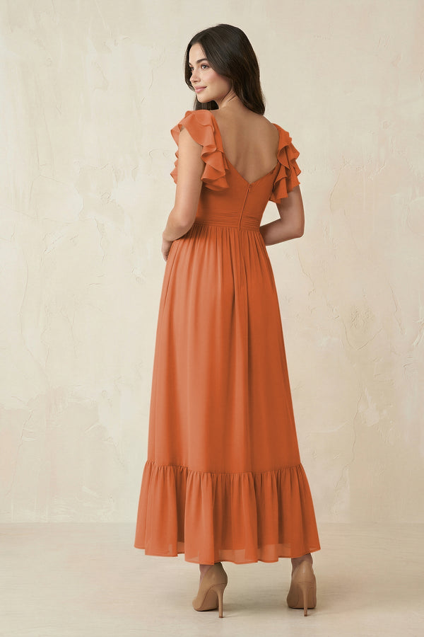 Flutter Sleeve Sweetheart A - Line Chiffon Bridesmaid Dress in Terracotta - KissProm Bridesmaid Dresses