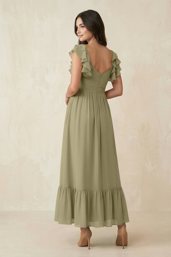 Flutter Sleeve Sweetheart A - Line Chiffon Bridesmaid Dress in Thyme - KissProm Bridesmaid Dresses