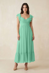 Flutter Sleeve Sweetheart A - Line Chiffon Bridesmaid Dress in Turquoise - KissProm Bridesmaid Dresses