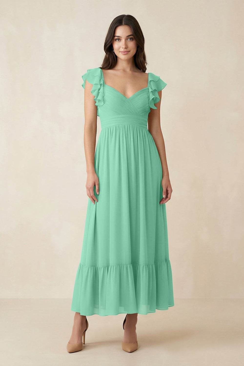 Flutter Sleeve Sweetheart A - Line Chiffon Bridesmaid Dress in Turquoise - KissProm Bridesmaid Dresses
