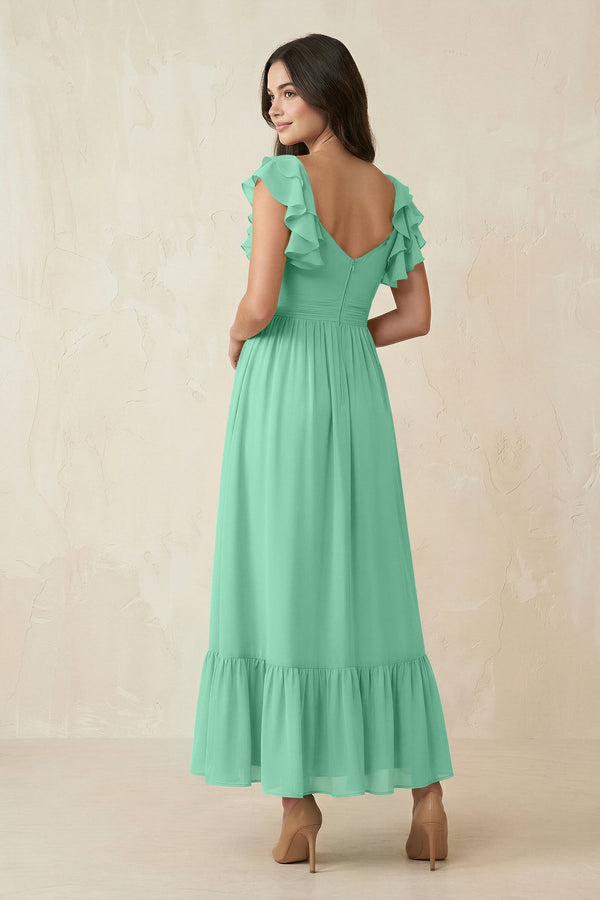 Flutter Sleeve Sweetheart A - Line Chiffon Bridesmaid Dress in Turquoise - KissProm Bridesmaid Dresses