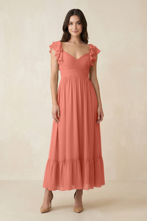 Flutter Sleeve Sweetheart A - Line Chiffon Bridesmaid Dress in Wild Rose - KissProm Bridesmaid Dresses