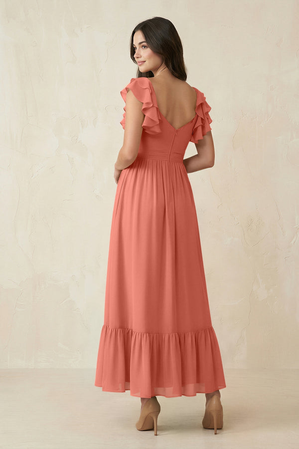 Flutter Sleeve Sweetheart A - Line Chiffon Bridesmaid Dress in Wild Rose - KissProm Bridesmaid Dresses