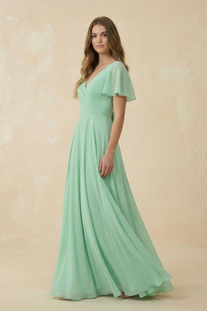 Flutter Sleeve V - Neck A - Line Chiffon Bridesmaid Dress - KissProm Bridesmaid Dresses