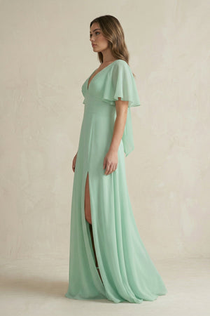 Flutter Sleeve V - Neck A - Line Chiffon Bridesmaid Dress - KissProm Bridesmaid Dresses