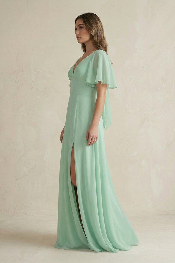Flutter Sleeve V - Neck A - Line Chiffon Bridesmaid Dress - KissProm Bridesmaid Dresses
