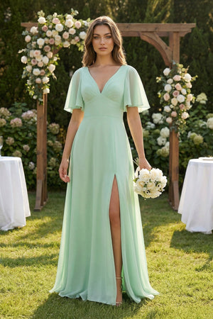 Flutter Sleeve V - Neck A - Line Chiffon Bridesmaid Dress - KissProm Bridesmaid Dresses