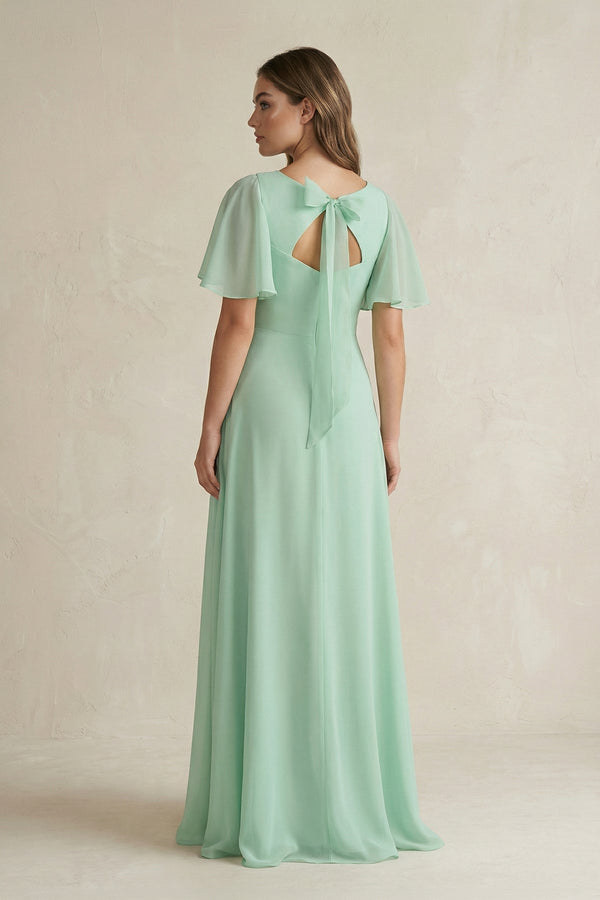 Flutter Sleeve V - Neck A - Line Chiffon Bridesmaid Dress - KissProm Bridesmaid Dresses