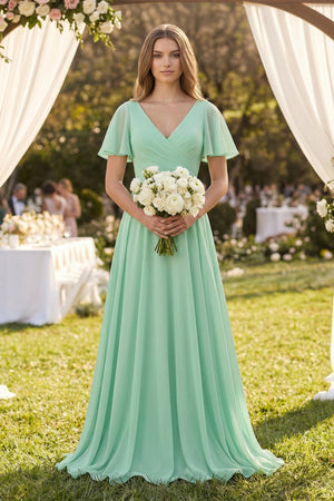 Flutter Sleeve V - Neck A - Line Chiffon Bridesmaid Dress - KissProm Bridesmaid Dresses