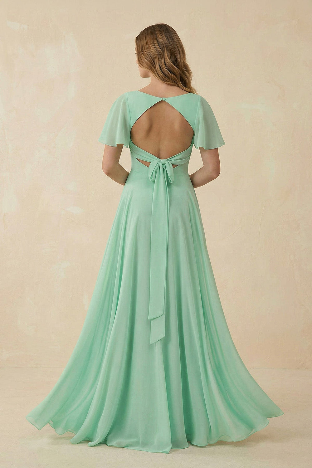 Flutter Sleeve V - Neck A - Line Chiffon Bridesmaid Dress - KissProm Bridesmaid Dresses