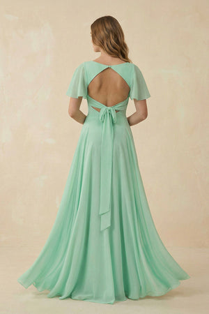 Flutter Sleeve V - Neck A - Line Chiffon Bridesmaid Dress - KissProm Bridesmaid Dresses