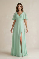 Flutter Sleeve V - Neck A - Line Chiffon Bridesmaid Dress - KissProm Bridesmaid Dresses