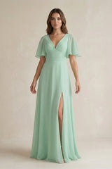 Flutter Sleeve V - Neck A - Line Chiffon Bridesmaid Dress - KissProm Bridesmaid Dresses
