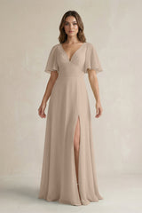 Flutter Sleeve V-Neck A-Line Chiffon Bridesmaid Dress in Almond
