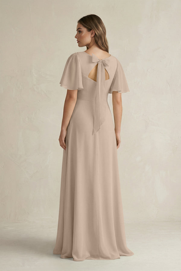 Flutter Sleeve V-Neck A-Line Chiffon Bridesmaid Dress in Almond