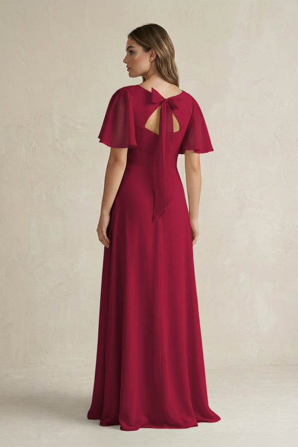 Flutter Sleeve V-Neck A-Line Chiffon Bridesmaid Dress in Berry