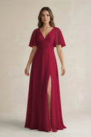 Flutter Sleeve V-Neck A-Line Chiffon Bridesmaid Dress in Berry