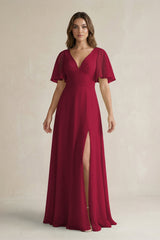 Flutter Sleeve V-Neck A-Line Chiffon Bridesmaid Dress in Berry