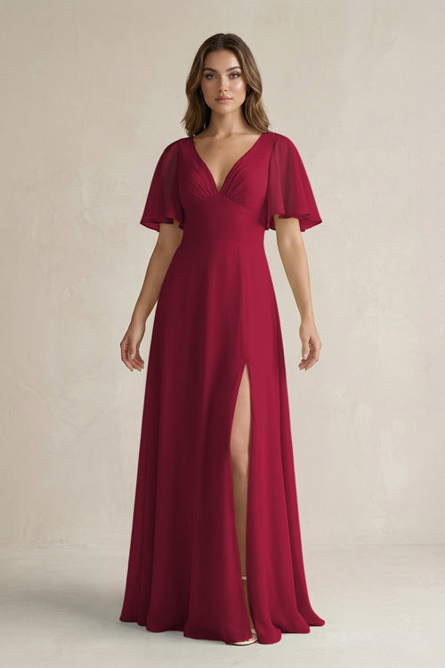 Flutter Sleeve V-Neck A-Line Chiffon Bridesmaid Dress in Berry