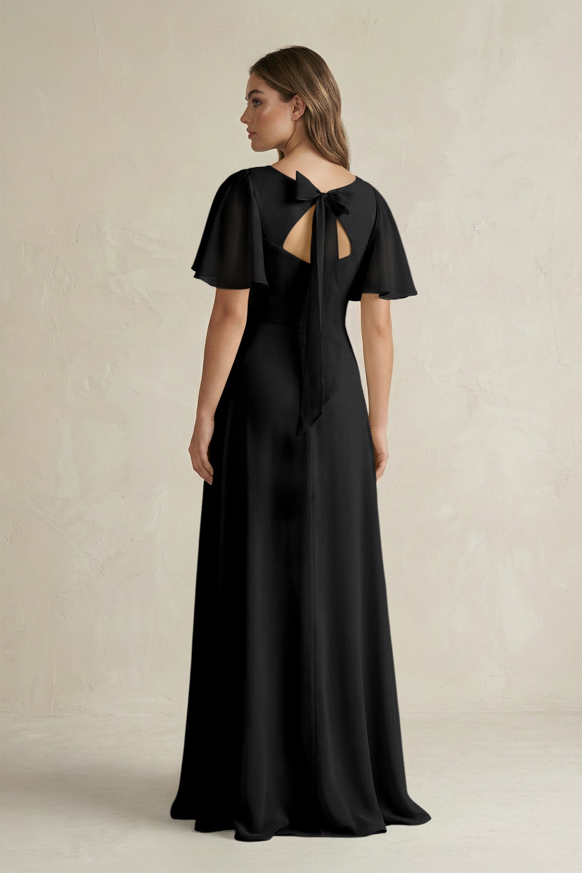 chiffon sleeve black dress KissProm Flutter V-Neck A-Line Bridesmaid in Black, / 20 Black Full Dress Nano Its fully lined for Introduced - Collection 15 SIZE:PL